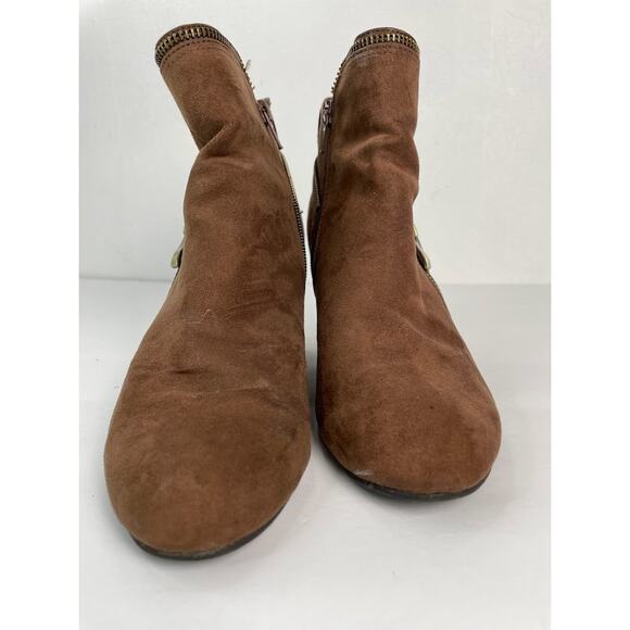 Suede Wedge Boots Womens 7.5 Ankle Brown Booties Round Toe Heeled Shoes - Picture 6 of 11